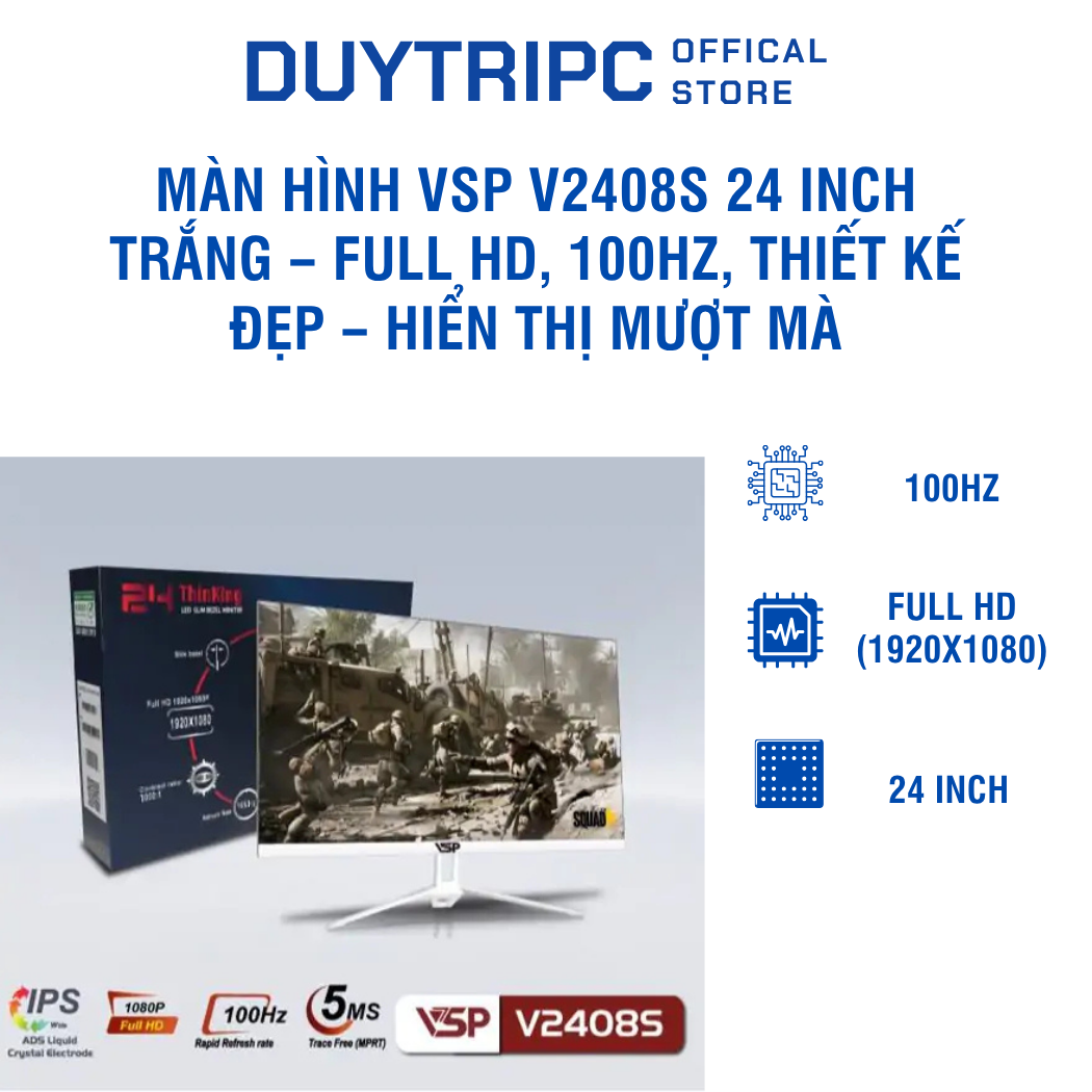 Màn hình VSP V2408S 24 inch Trắng – Full HD, 100Hz, thiết kế đẹp – hiển thị mượt mà